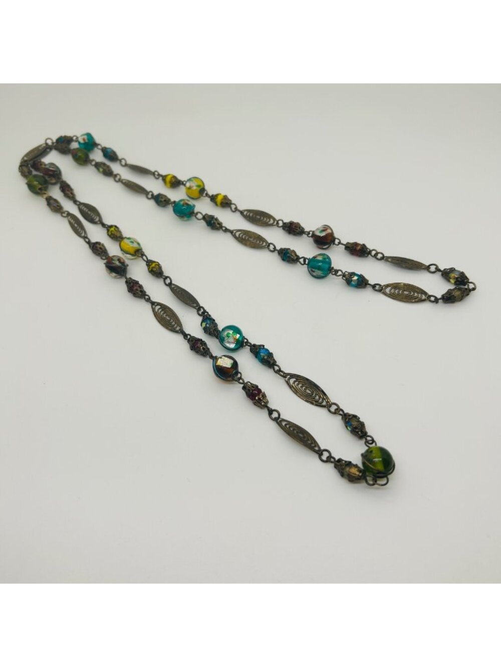 Art Deco Czech Foil Glass Beaded Necklace Metal Filigree Bohemian Vintage